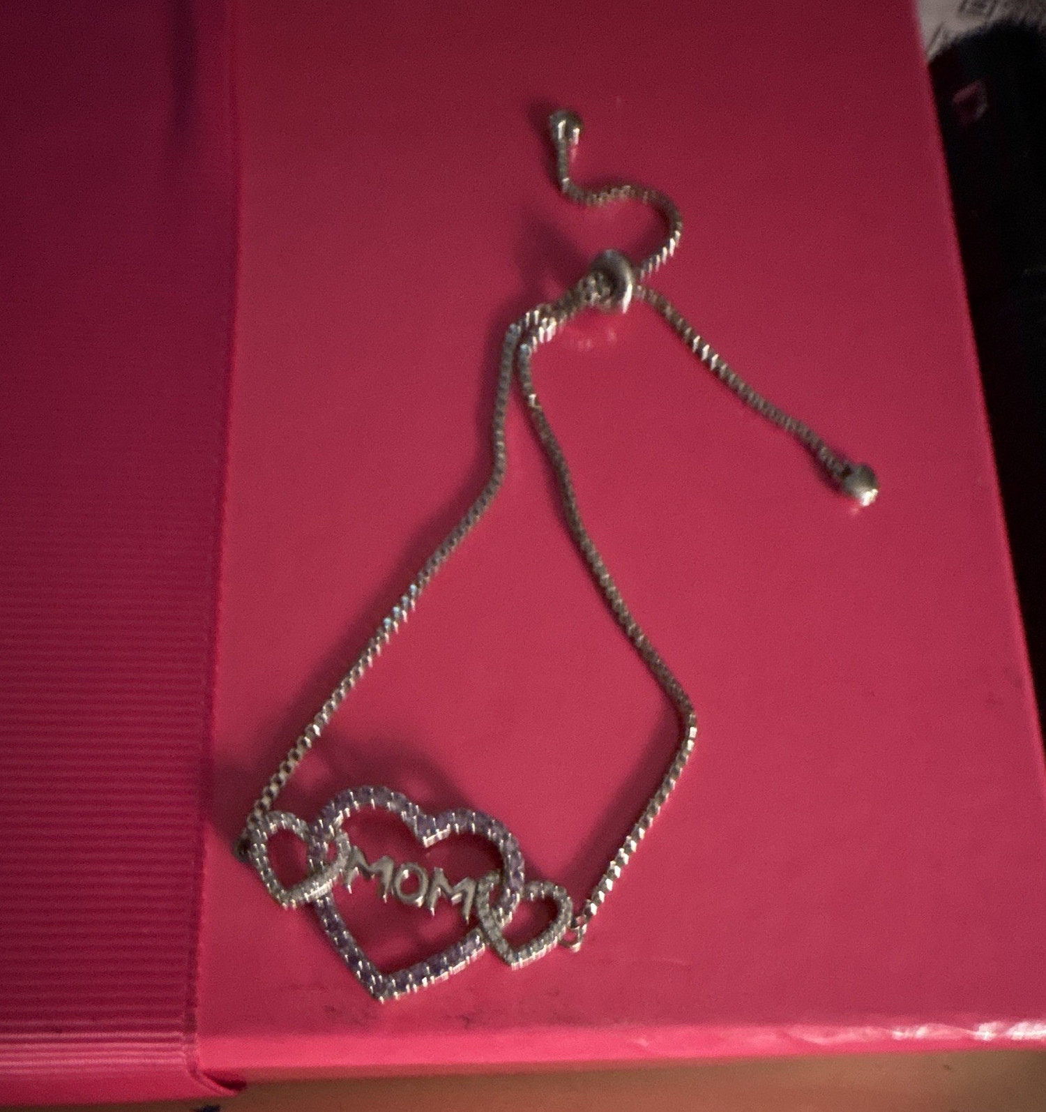Silver Tone Adjustable Slider Chain Bracelet Heart MOM Charm Clear Crystal