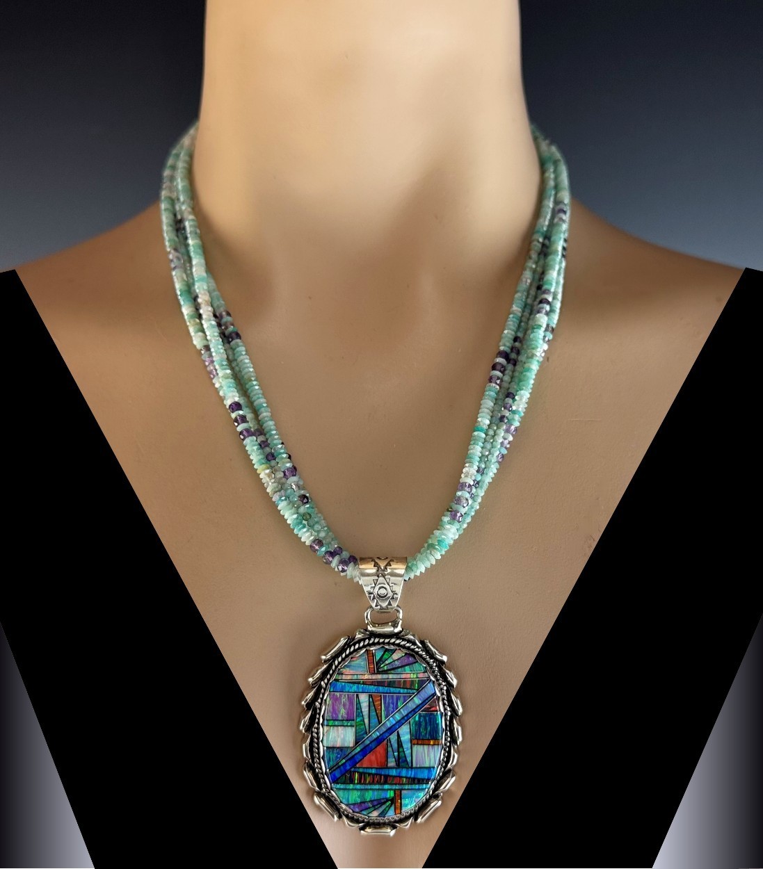 White Fox Creation: Dazzling Opalite Inlay Pendant on Gemstone Necklace