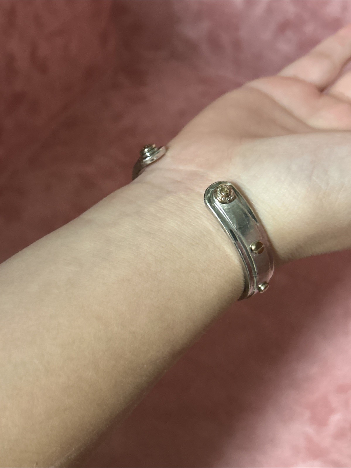 Henri Bendel Screw Cuff Bracelet Silvertone w/ Goldtone Screws