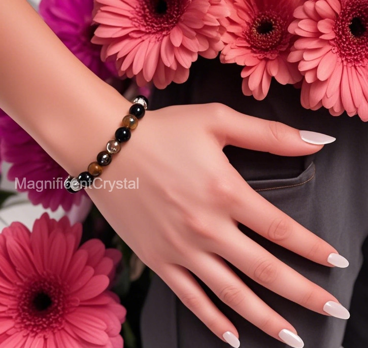 Hematite Obsidian Tiger’s Eye Triple Protection 8MM Women Bracelet Energy Gift