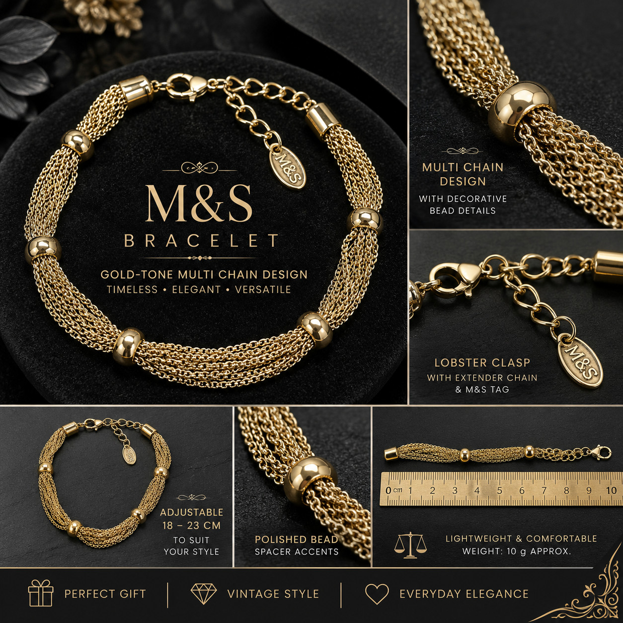 M&S Gold Tone Multi Chain Bracelet Adjustable Costume Jewellery Beaded 18-23cm