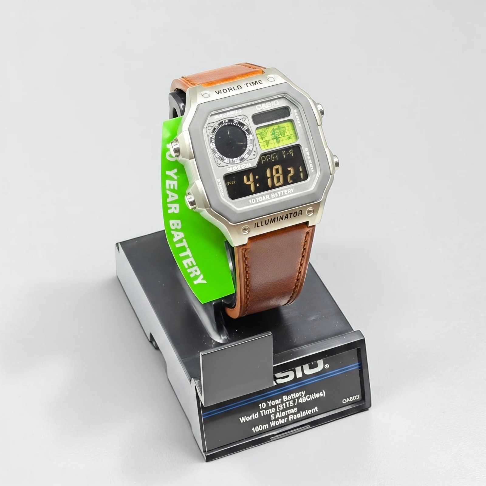 Silver CASIO AE-1200WHD. Royale Watch Mod. Negative Display. Green World Map