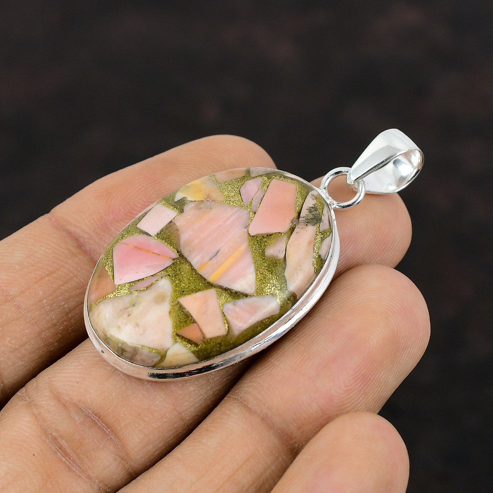 Valentines Deal Oval Copper Pink Opal Stone Wife New Pendant 925 Sterling Silver