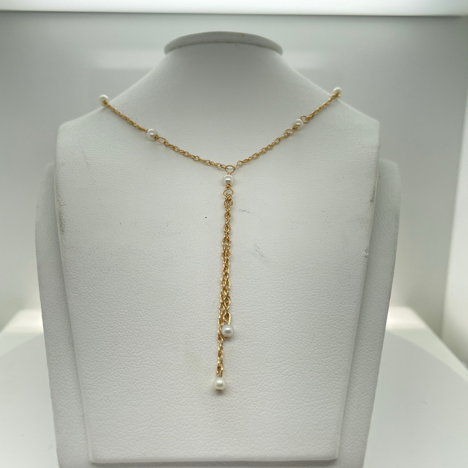 14k Yellow Gold Round Pearl Y Necklace 16 1/4” – 2 Grams
