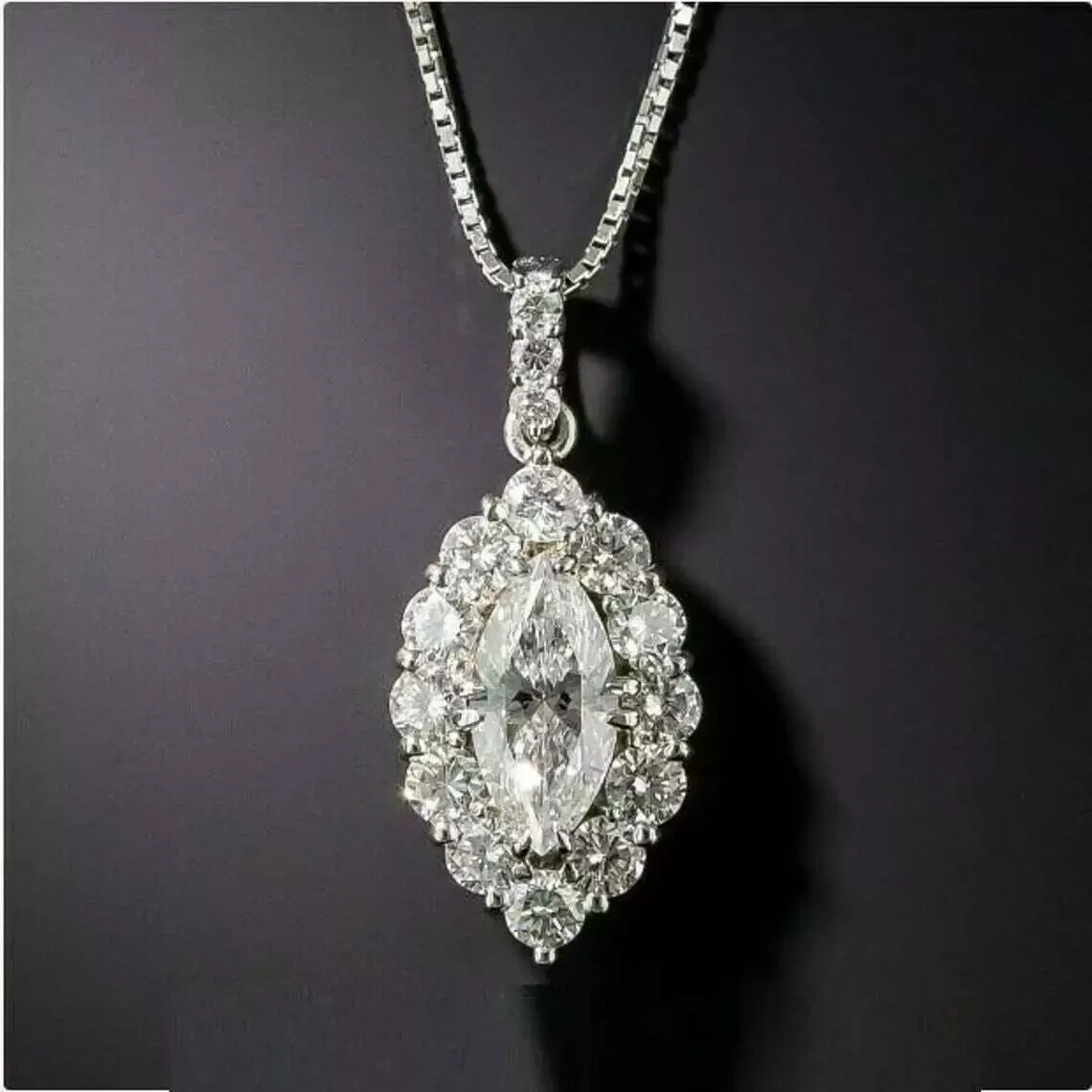 3 Carat Marquise Cut VVS1 Diamond Halo Pendant Necklace 14K White Gold Finish
