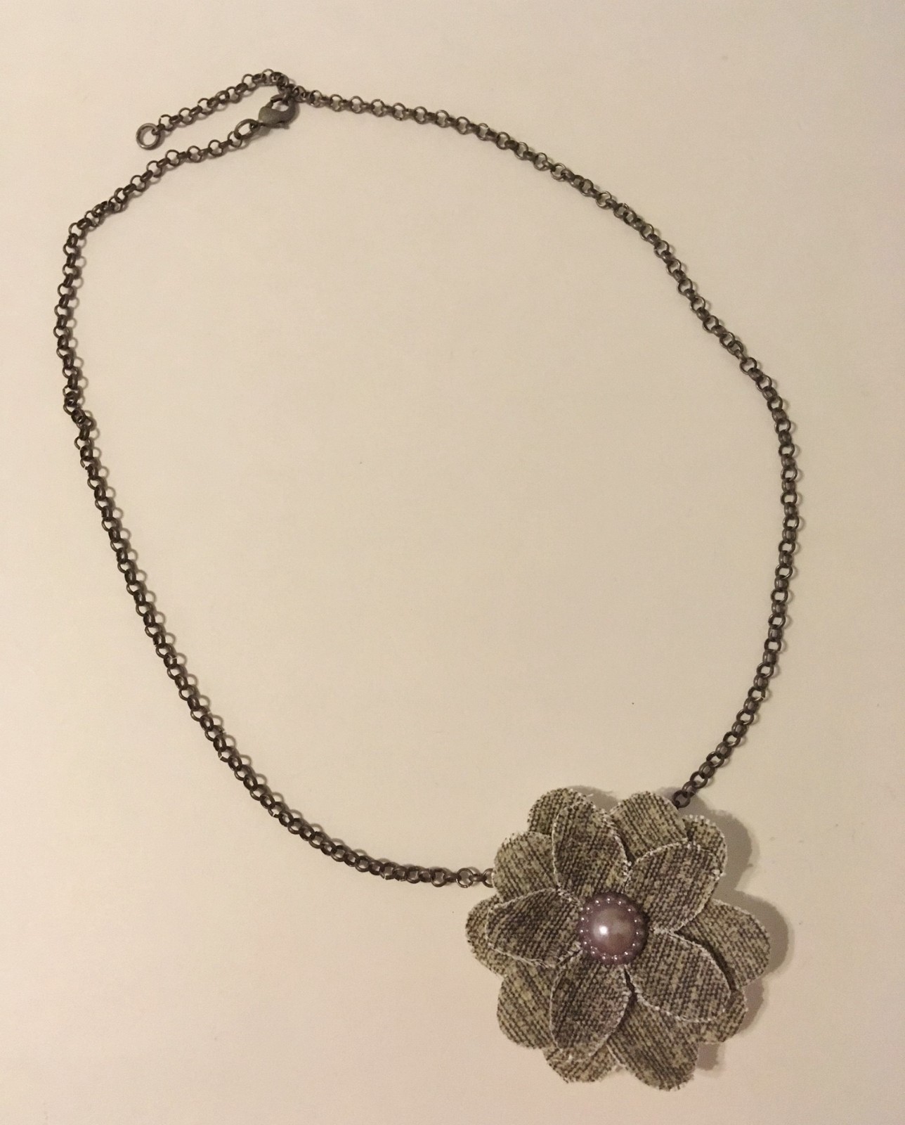 Flower Pendant Chain Necklace Unique Handmade Fabric Floral Pearl Gray Pink New