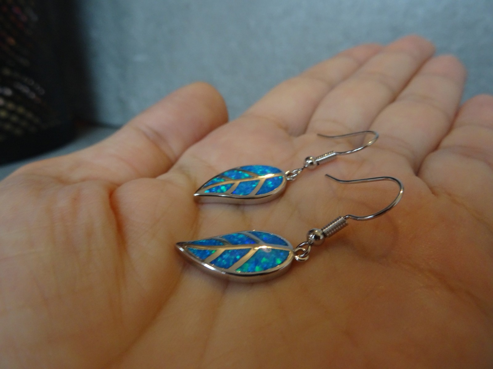 Opal Leaf Earrings Blue Fire Opal Earrings with Leaf Opal Pendant Stainless Steel