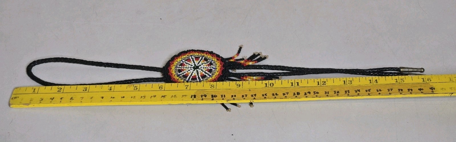 Native American Beaded Necklace Bolo Tie Black Yellow Red Orange Seed Beads 16″