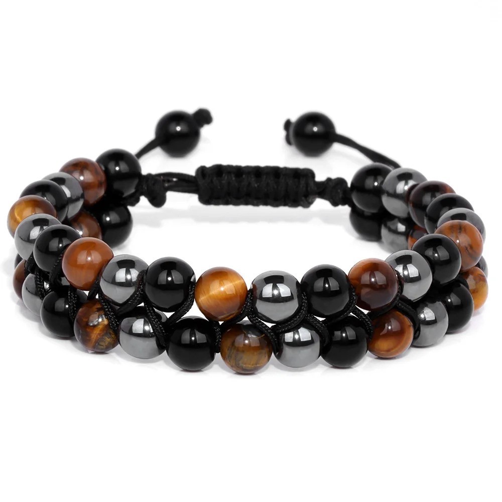 Triple Protection Bracelet Men Tiger Eye Hematite Obsidian Beaded Healing Jewelr
