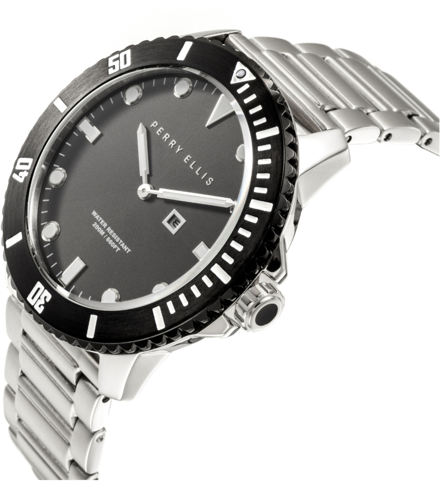 Perry Ellis 46mm Deep Diver Men’s Watch 200M WR Black Silver PEW02005-02 20ATM