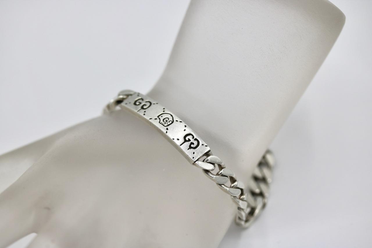 Authentic 925 Sterling Silver Men’s Gucci Ghost Bar ID Curb Link Bracelet