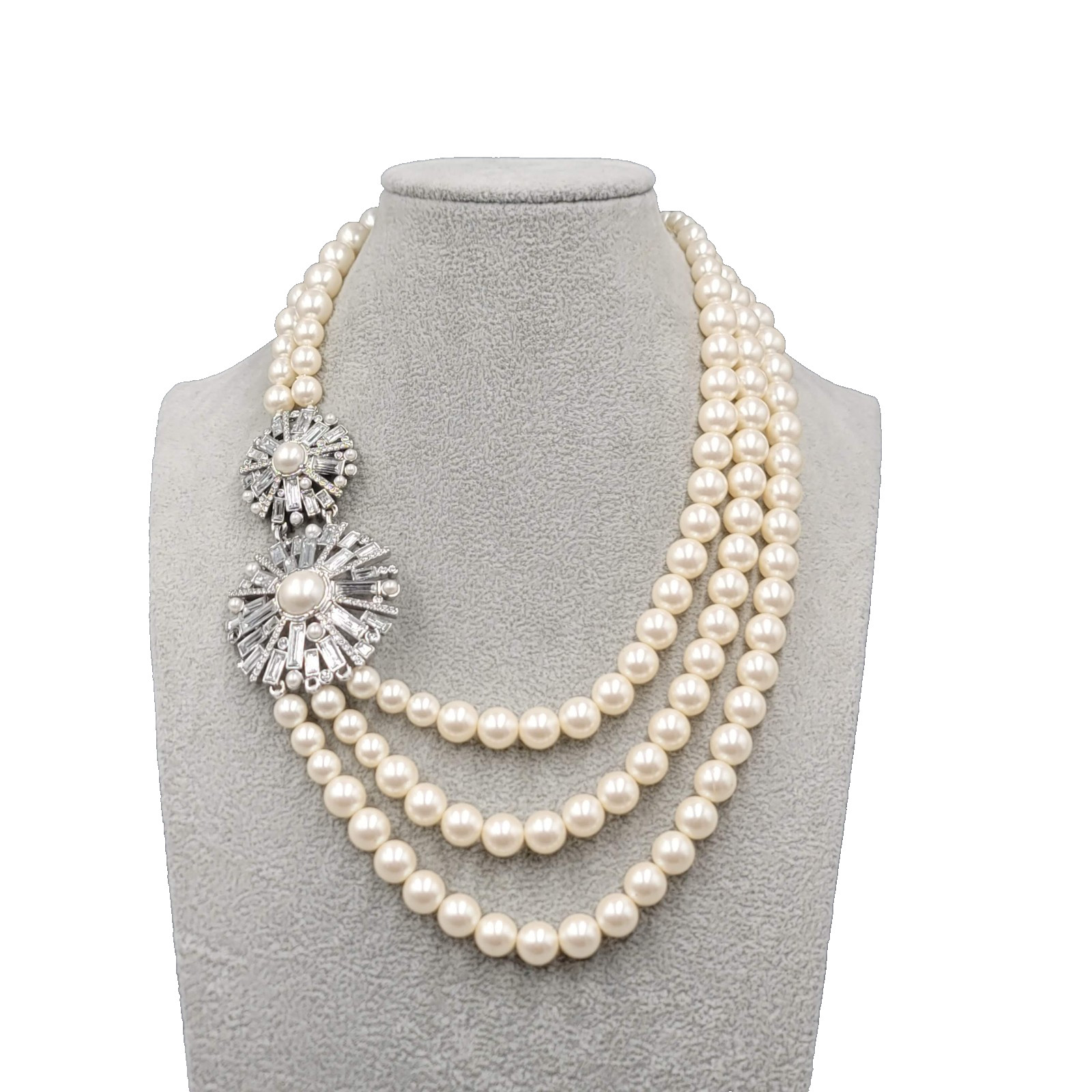 Ann Taylor Rhinestone White Bead Necklace Multi Strand Silver tone Adj