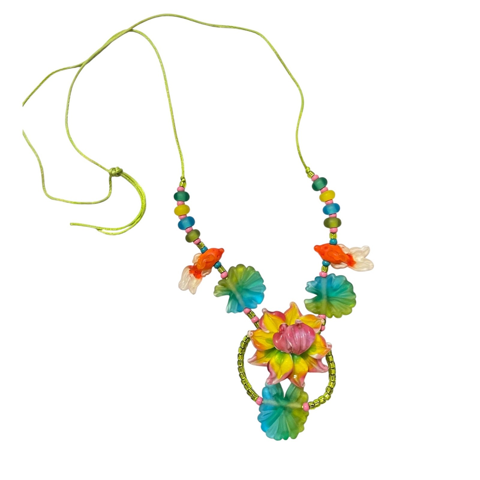 Handmade Lampwork Colorful Sculpted Koi Fish Lily Pad Flower Glass Bead Necklace