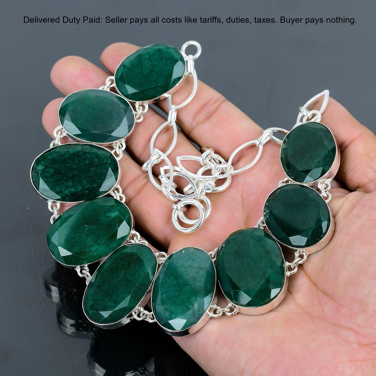 Oval Zambian Emrald Gemstone 925 Silver Wedding Handcrafted Chain Bezel Necklace