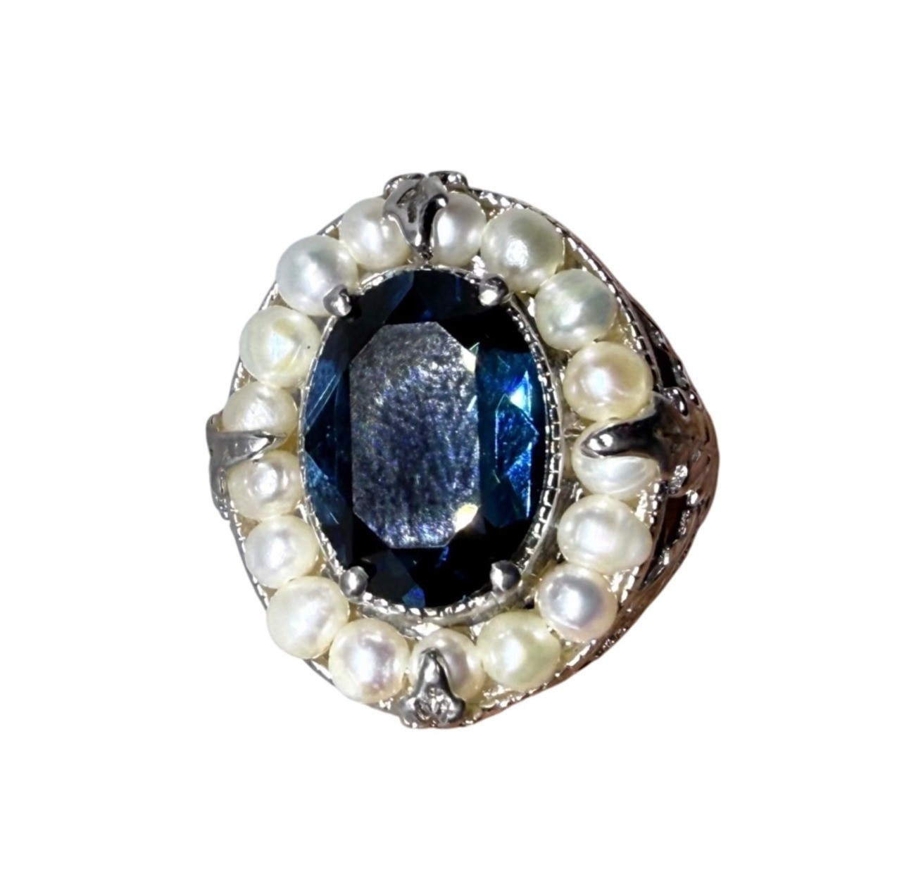 STS Karis Silver Toned Ring Blue Oval simulated gemstone Pearl Accents Intricate