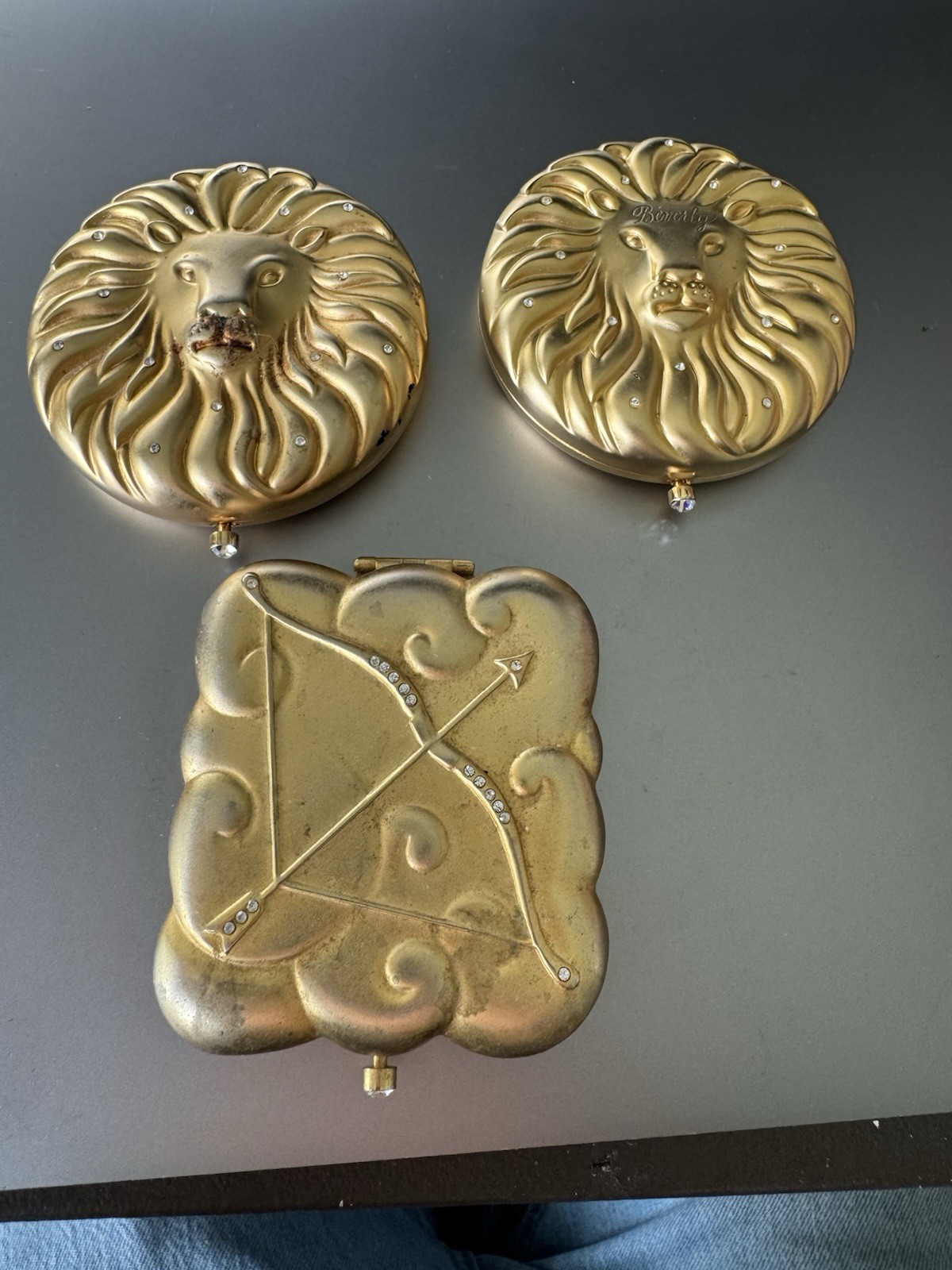 Lot of 3 – Estée Lauder Golden Zodiac Finished Solid Perfume Compact – Engraved
