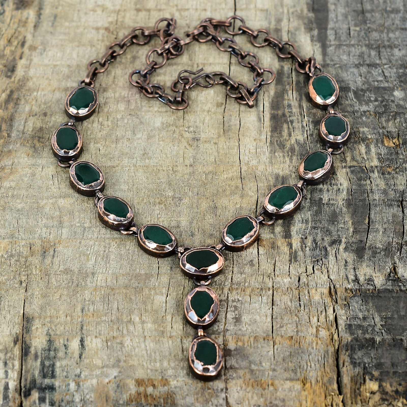 Valentines Deal Natural Zambian Emrald Bezel Electroformed Chain Necklace Copper