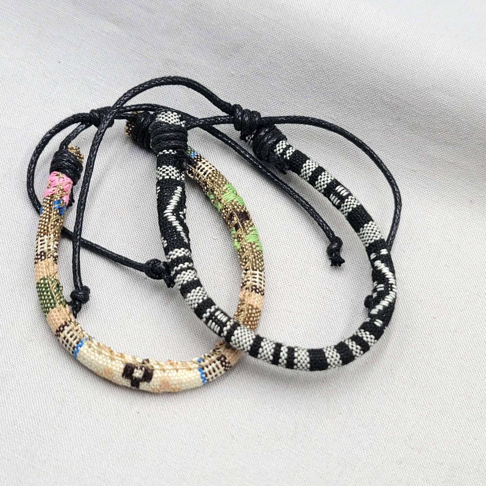 Cotton Textile Pattern Bracelet Lot of 2 Slide Adjustable