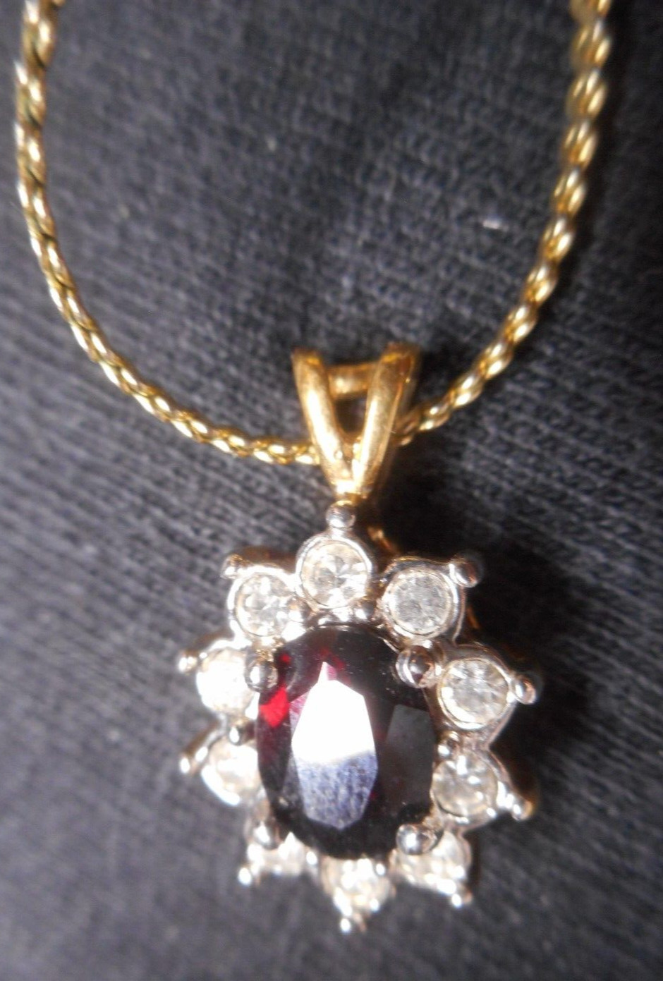 Necklace Pendant Gold Tone Ruby Faceted Rhinestone Halo Korea Chain 15 1/2in