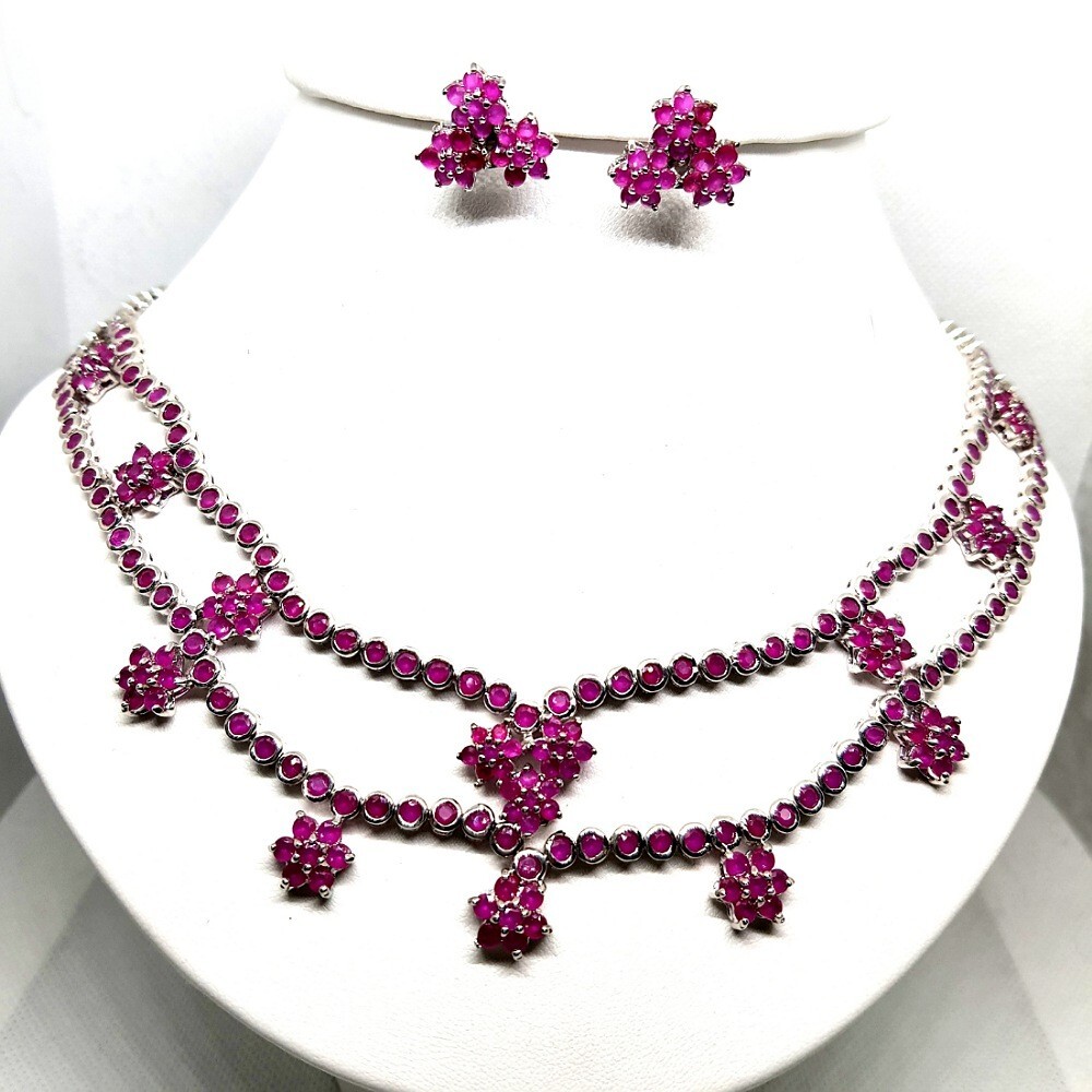 Necklace set Ruby simulated 18K White Gold Filled Flower bridal gems VTG look A