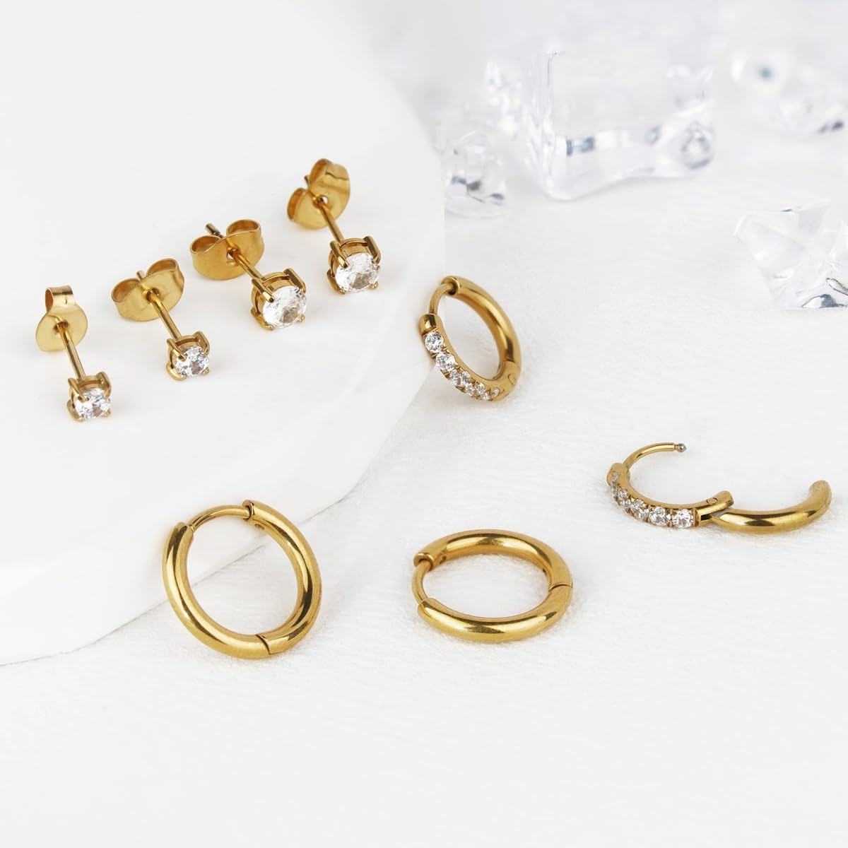 4 Pairs Gold Studs Earrings for Women, 14K Gold Plated Huggie Hoop Stack Earring