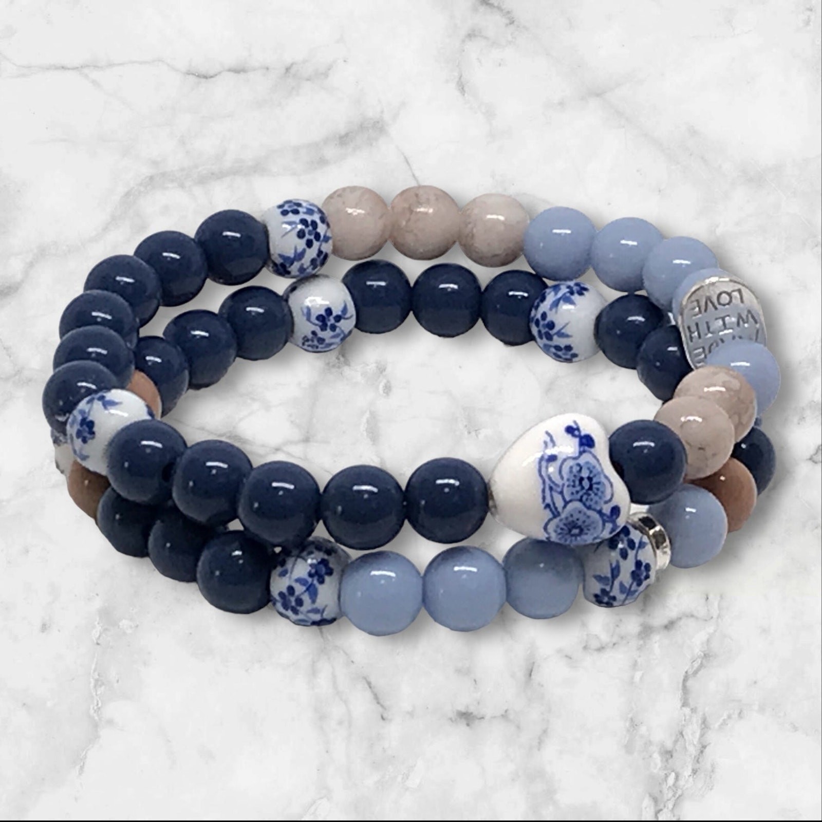 Bracelet Set Classic Navy Brown Blue Floral Beads Handmade Country Chic Design