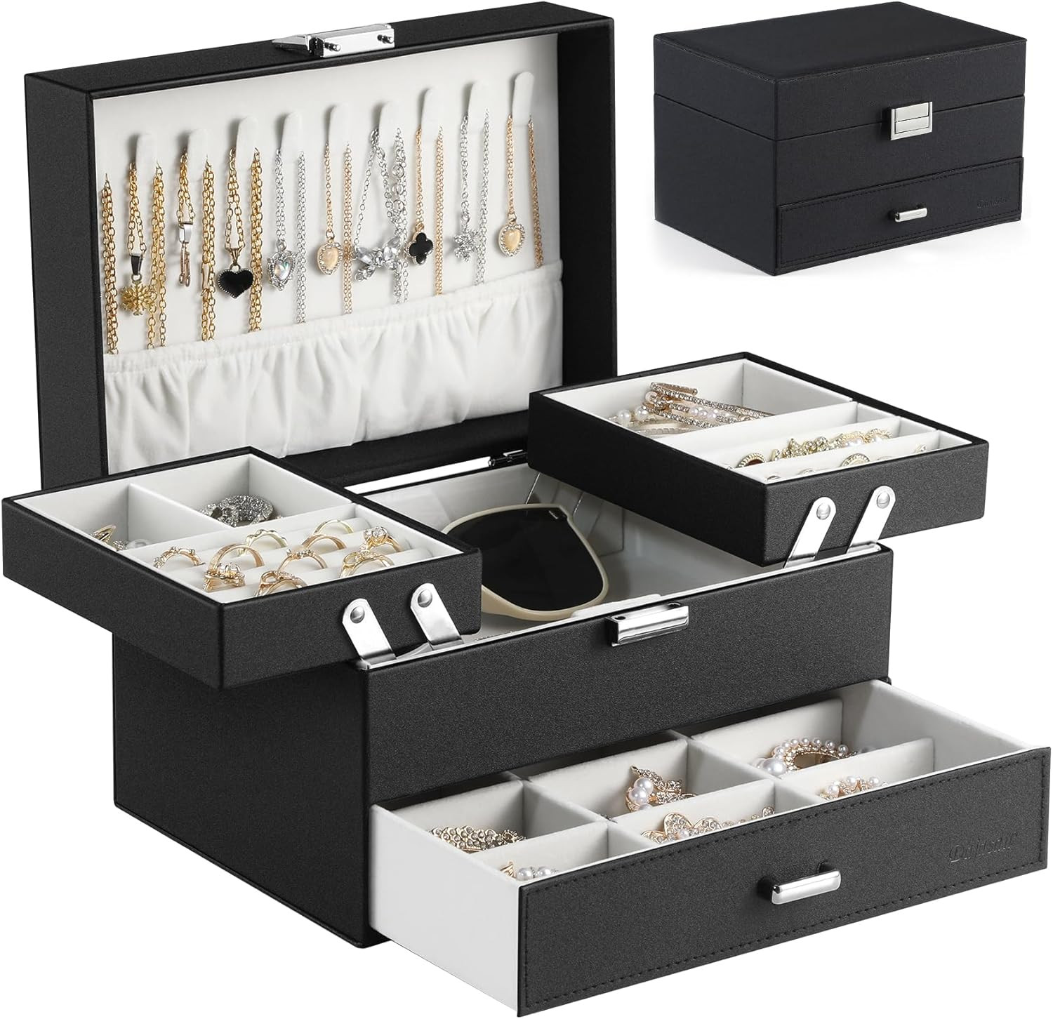 3 Layer Jewelry Organizer Box with Drawer Velvet Jewelry Storage Case Black