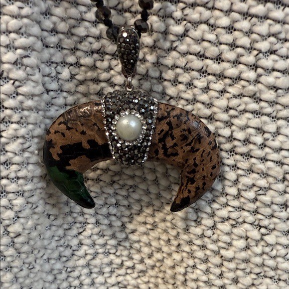 Boho Reversible Crescent Horn Pendant Necklace Green Snakeskin Pearl Brown Stone