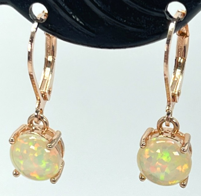 Earrings. Rose Gold Tone White Multicolor Reflective Opal Leverback w/1″ Drop