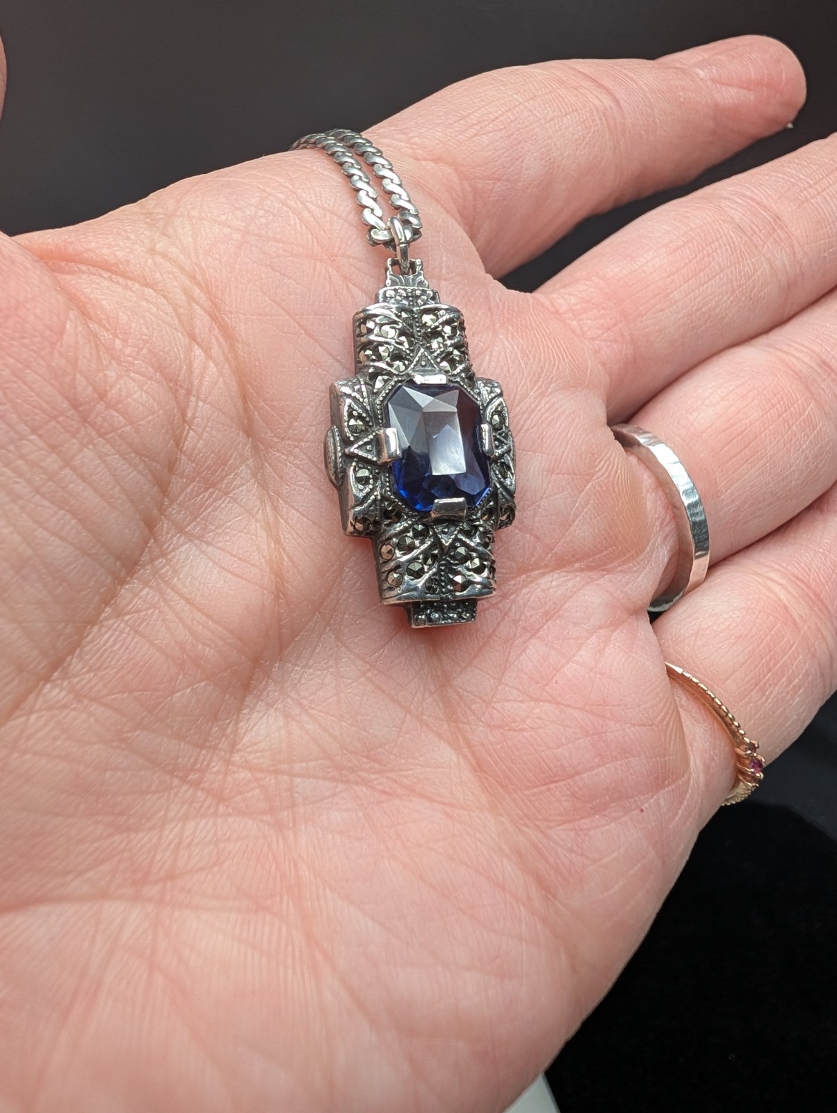 Uncas Manufacturing Sterling Sapphire Marcasite Art Deco Pendant And Chain 925