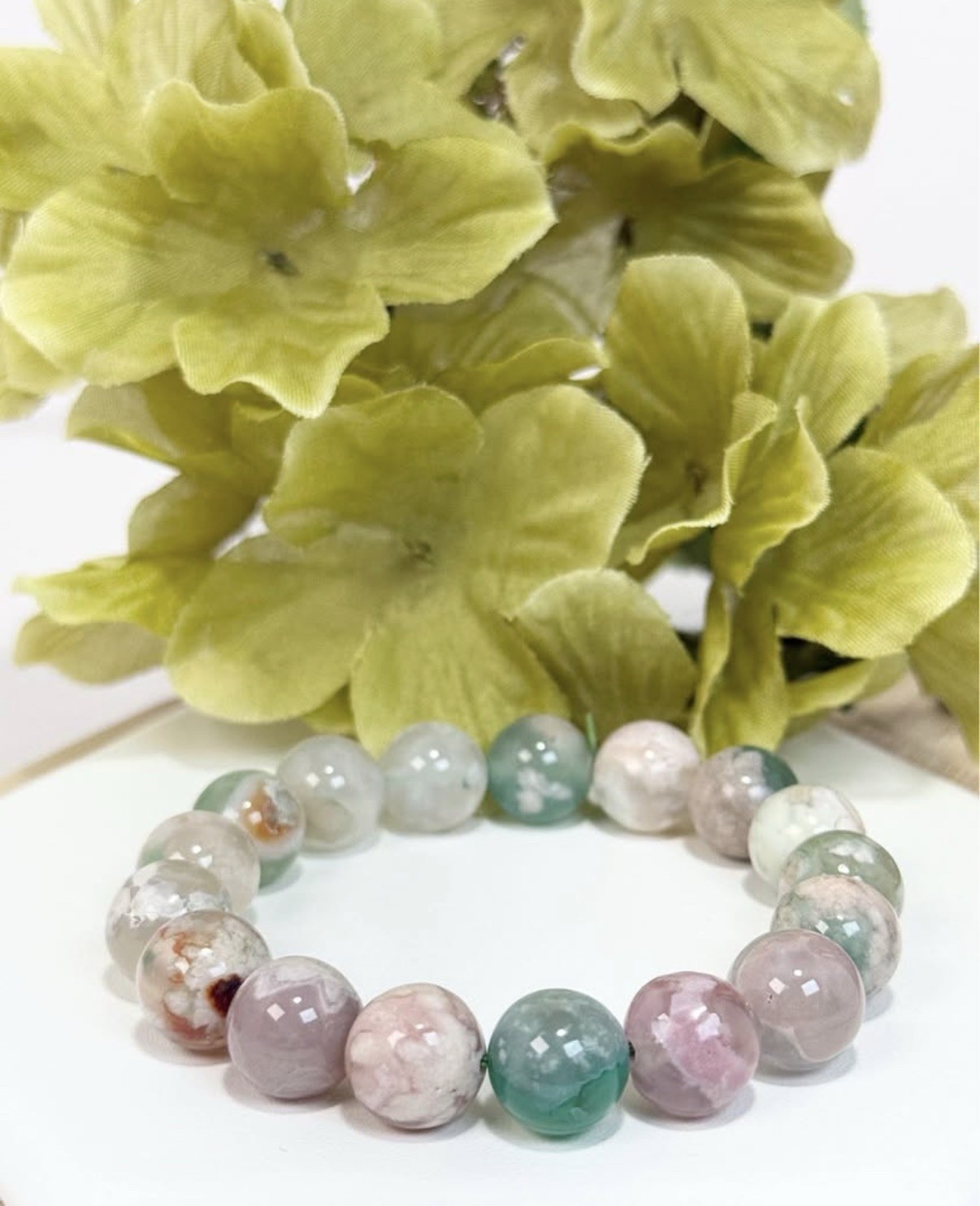 Flower Agate Green Bead Bracelet 12MM Item A