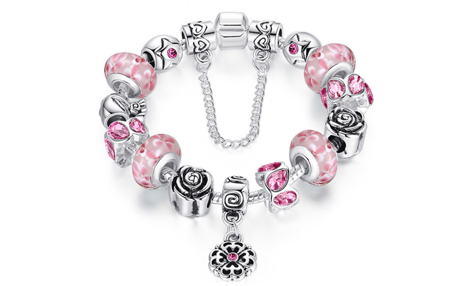 18K White Gold Plated Pink Flower Crystal CZ Charm Bracelet Made with Swarovski