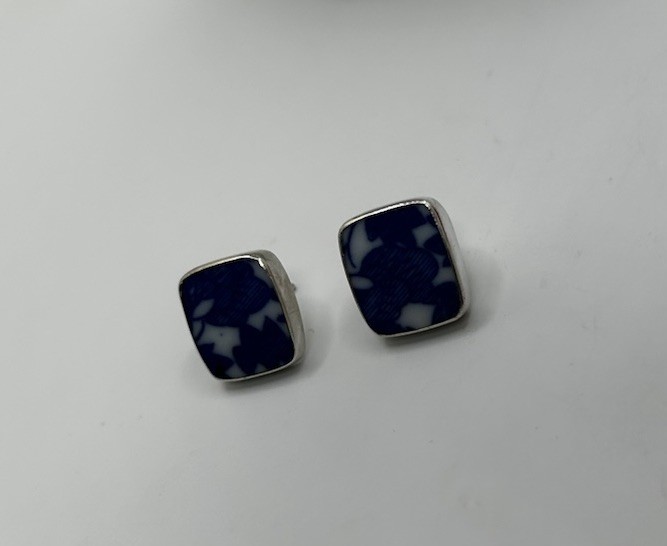 Vintage Blue White Silver Floral Earrings Jewelry No Backings