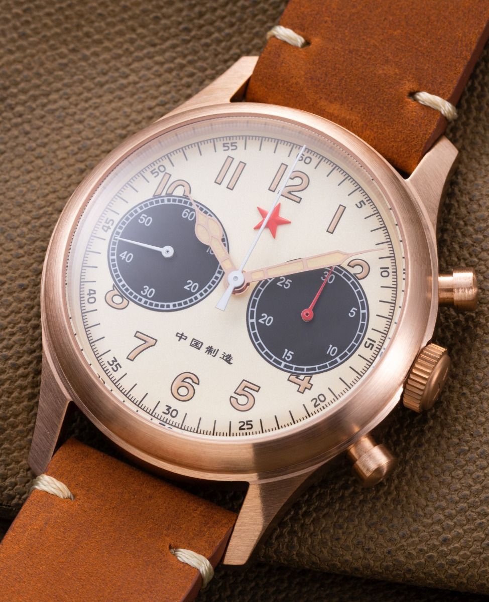RED STAR 1963 Bronze Cusn8 SEAGULL ST19 Chronograph Watch 40mm Swan Neck 50M C3