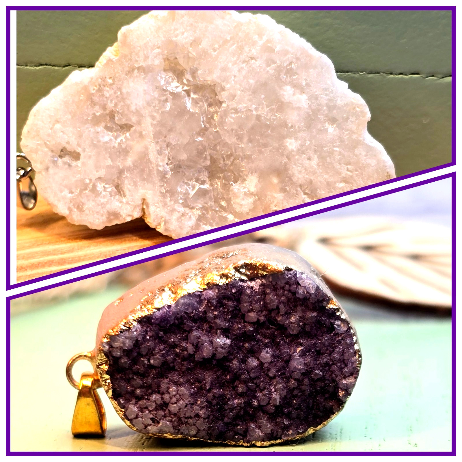 Raw Amethyst Geode Pendant Set 2pc Sparkly Crystal Cluster Rough Gemstone Gift