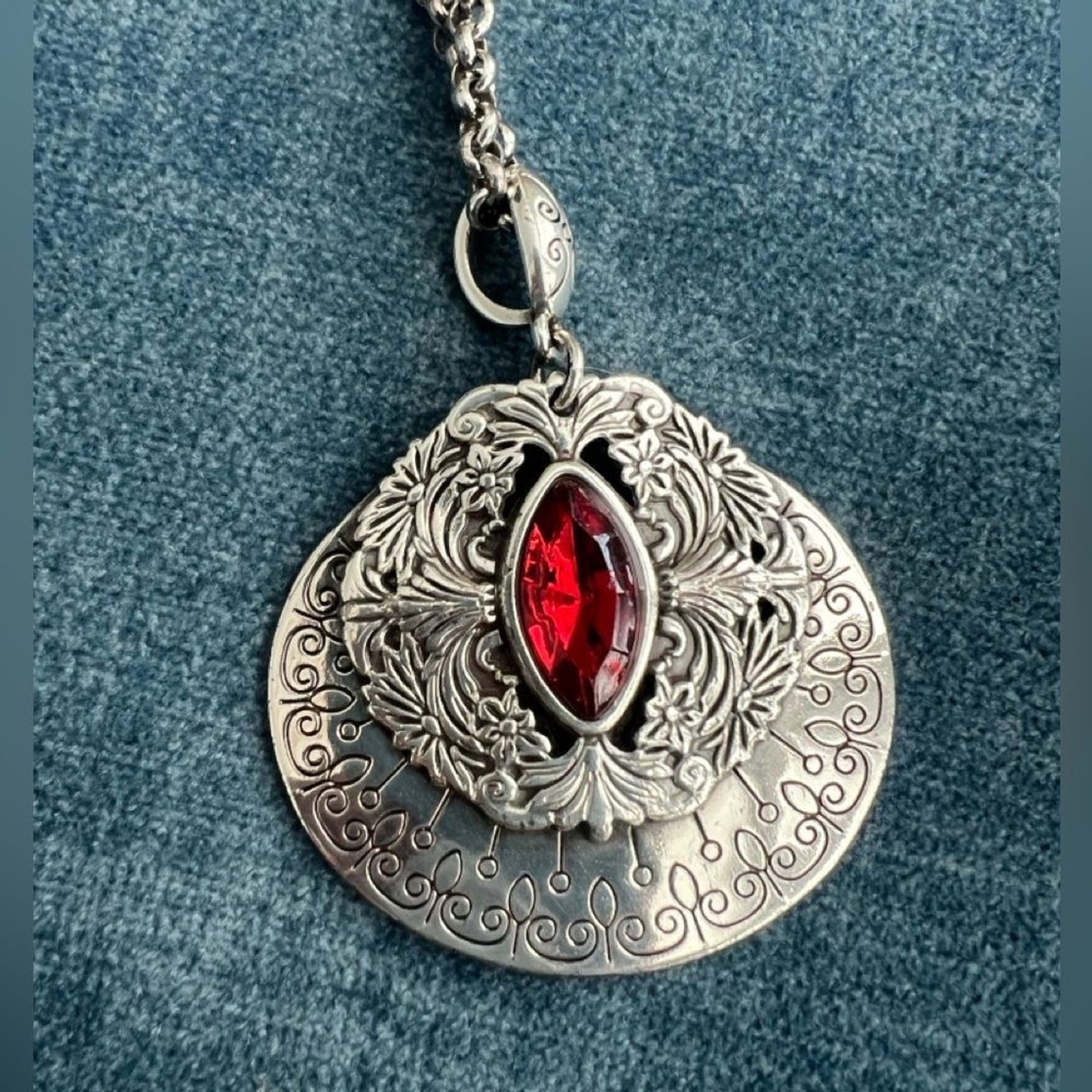Brighton Rouge Lace Silver Plate Pendant Necklace w Red Navette Crystal