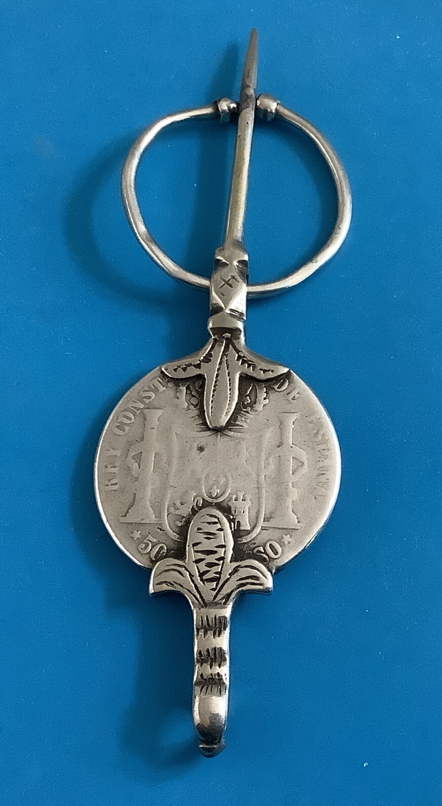 Antique Woman Berber Fibula With Spanish Silver Coin Of Alfonso XII Coin Pin J14