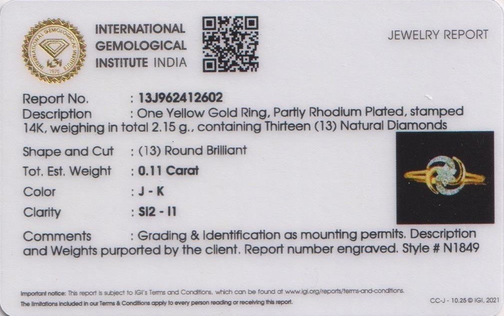 IGI CERTIFIED – Diamond Ring- 14 kt. Yellow gold – 0.11ct. tw. Diamond (Natural)