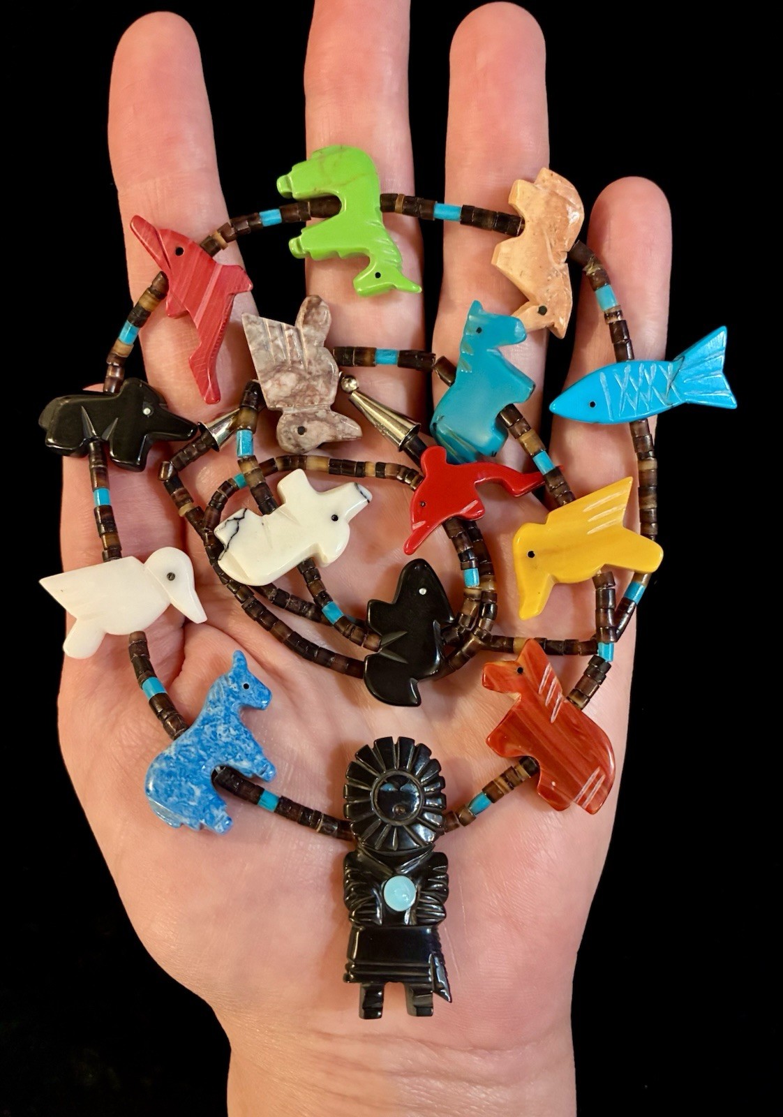 VINTAGE 15 KACHINA ANIMAL FETISH NECKLACE GEMSTONE SILVER SOUTHWESTERN TURQUOISE