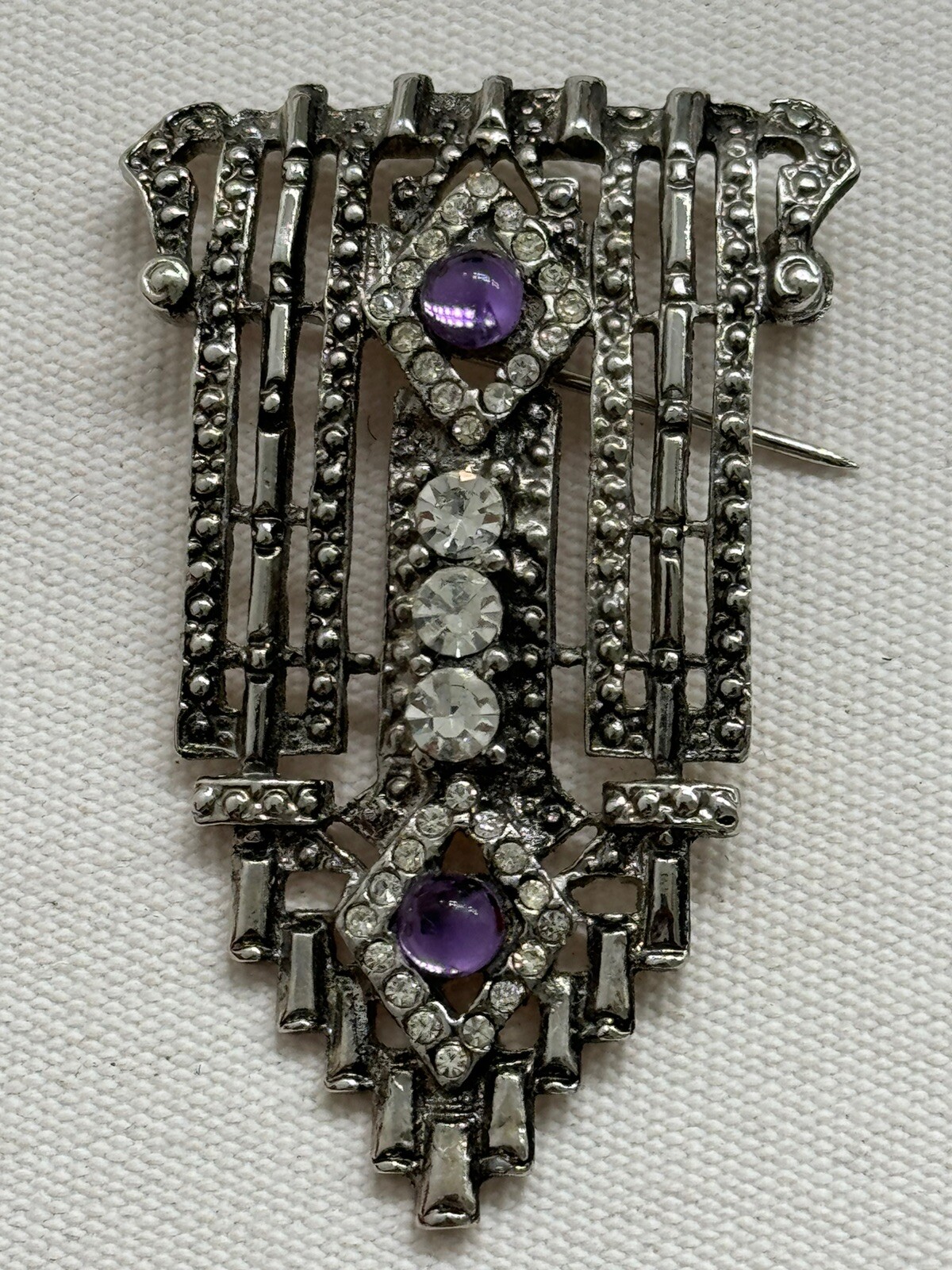 Antique Art Deco Pin Brooch Rhinestones Faux Amethyst Silver Metal Made US Large