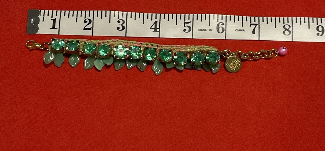 Venessa Arizaga Handcrafted Crochet Bracelet Faceted Green Crystals Leaf Charms