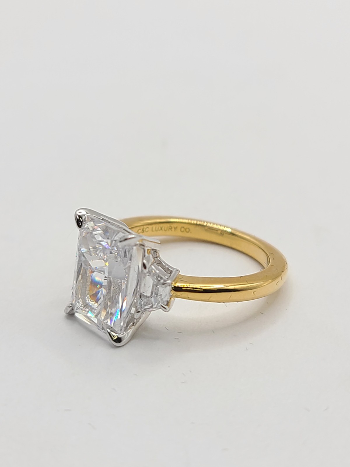 C&C LUXURY CO. THREE STONE RADIANT RING 18K GOLD OVER 925 SZ 4
