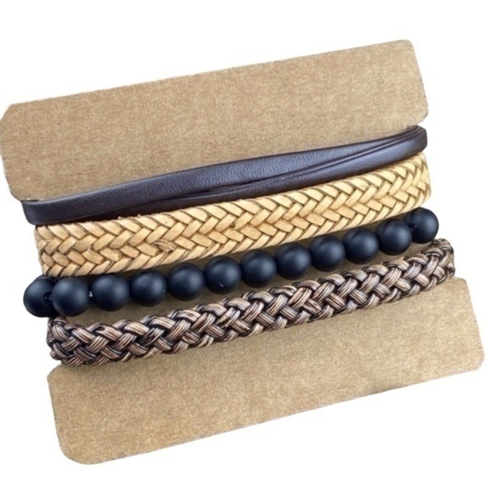 Mens Bracelets Bundle Adjustable Faux Leather and Hemp Matte Onyx Stone Beads