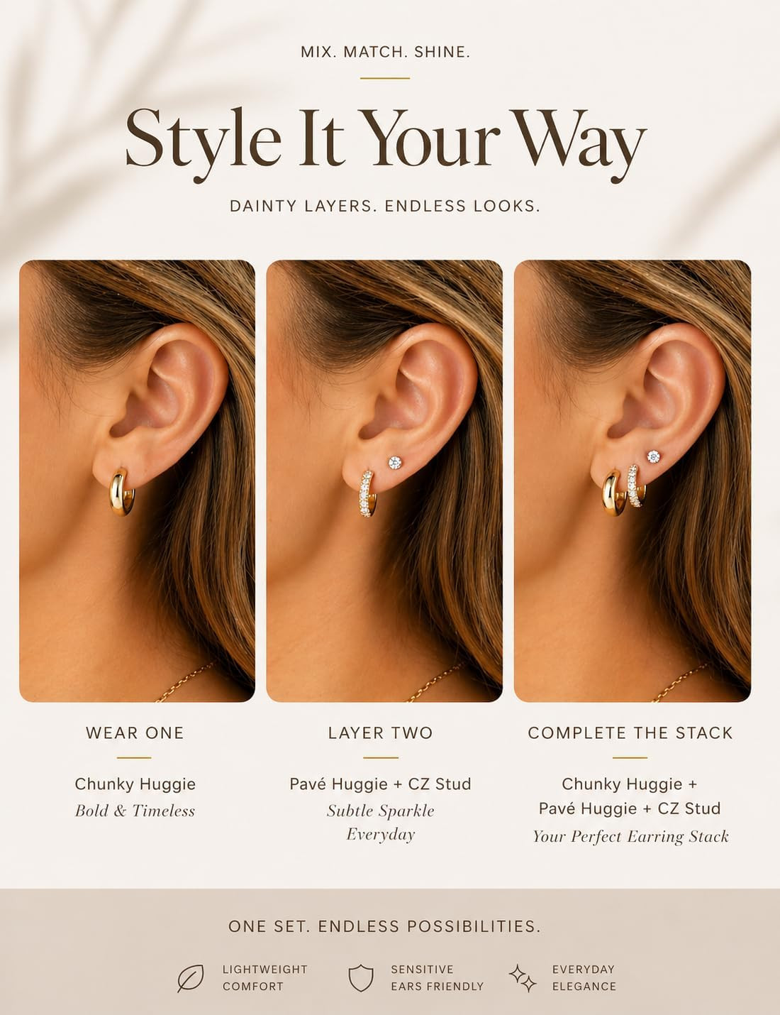 Gold Earring Stack for Women, 3 Pairs 14K Gold Plated Small Huggie Hoop & CZ Stu