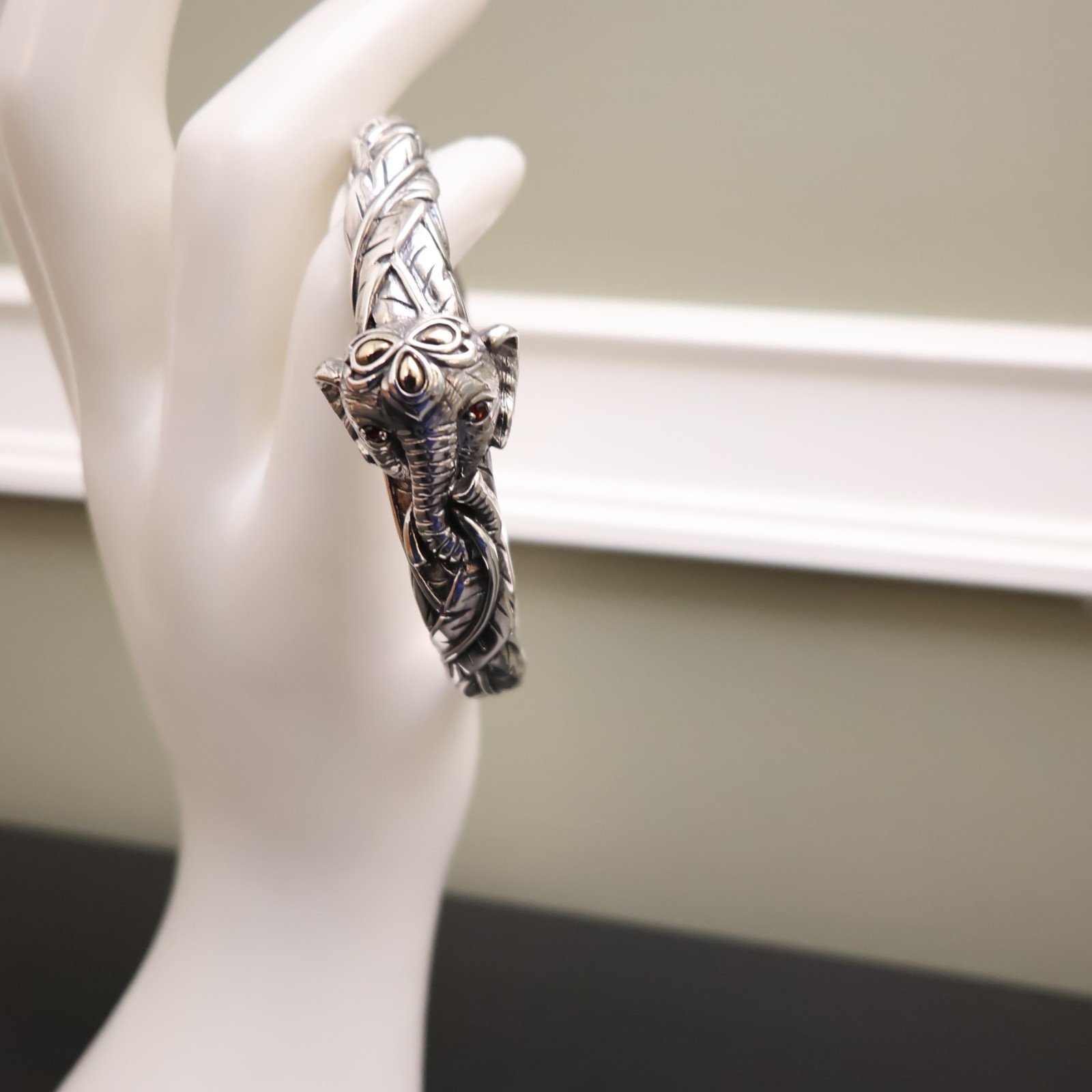 Jai bracelet elephant 925 sterling silver 14K gold hinged cuff garnets Sz 6.75in