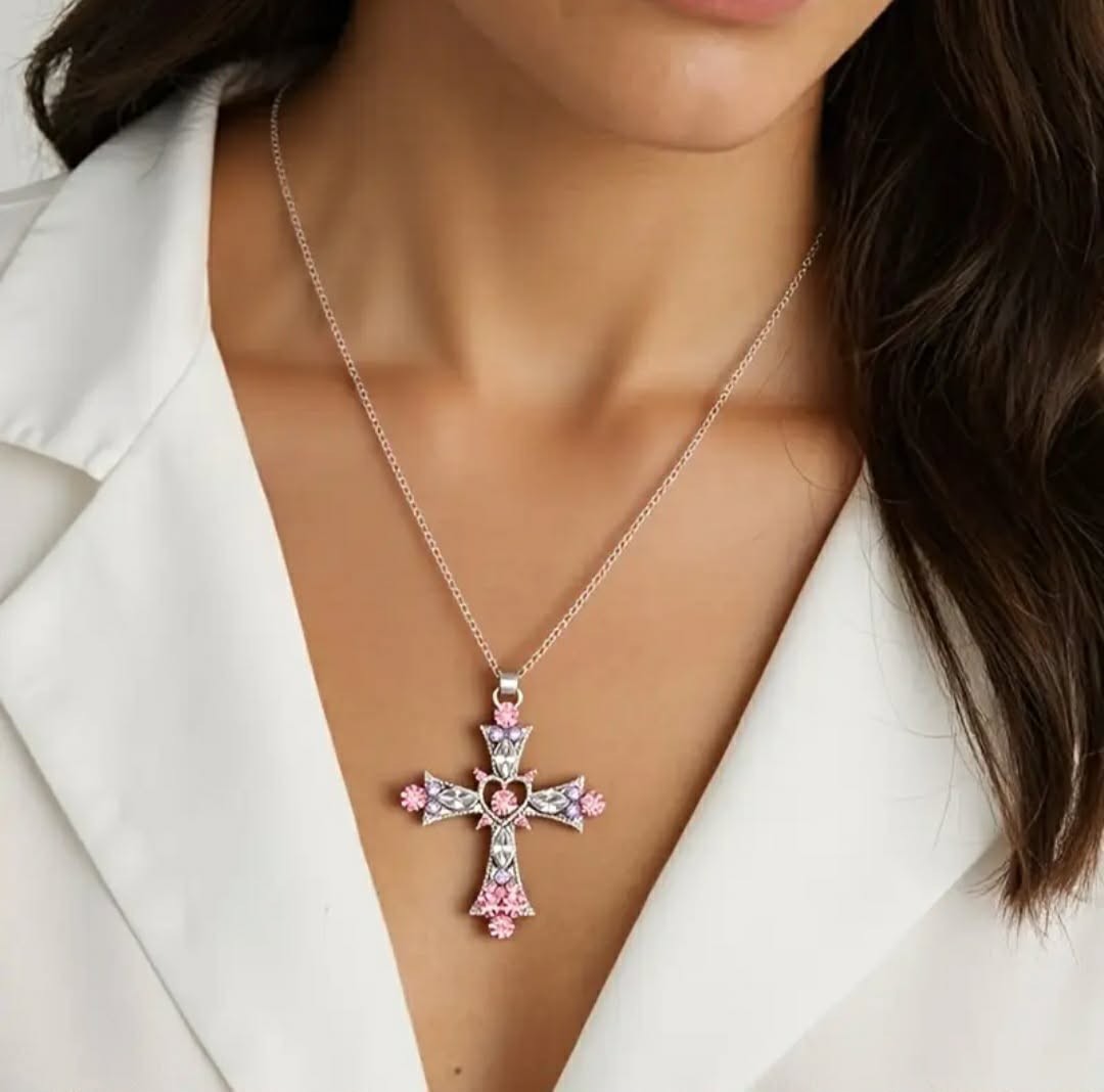 Pink Cross Pendant Necklace Silver Plated Zinc Alloy Fashion Jewelry