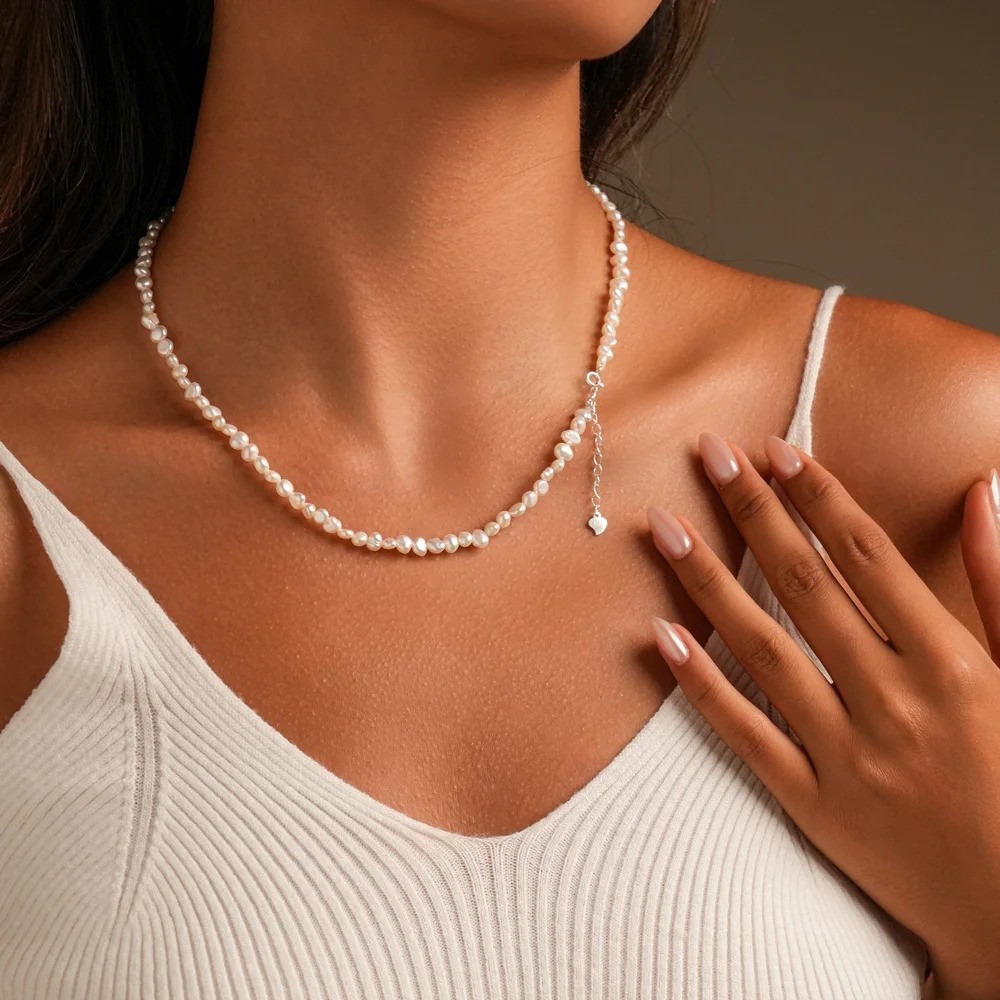 White Rice Pearl Beaded Choker Necklace 925 Silver 16 or 18 or 20 Inches