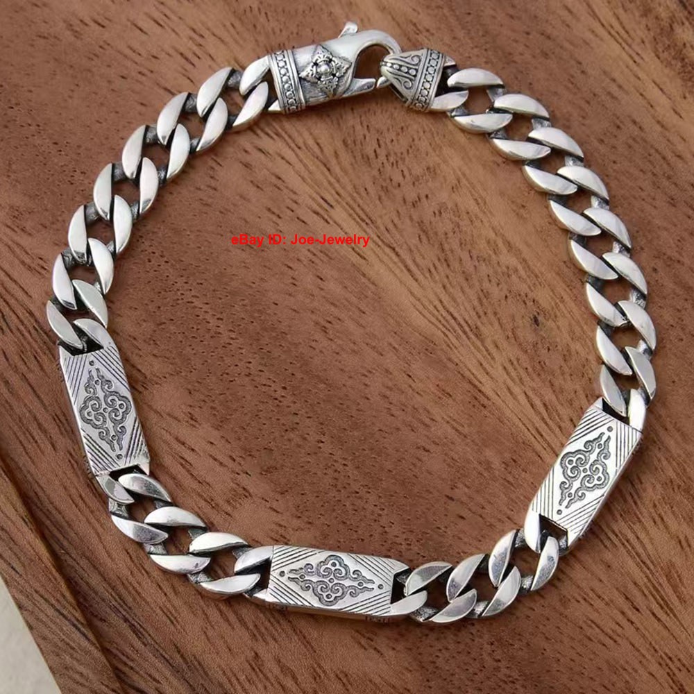 Real 925 Sterling Silver 8mm Vajira Curb Link Men’s Bracelet 7.48-8.26inch L