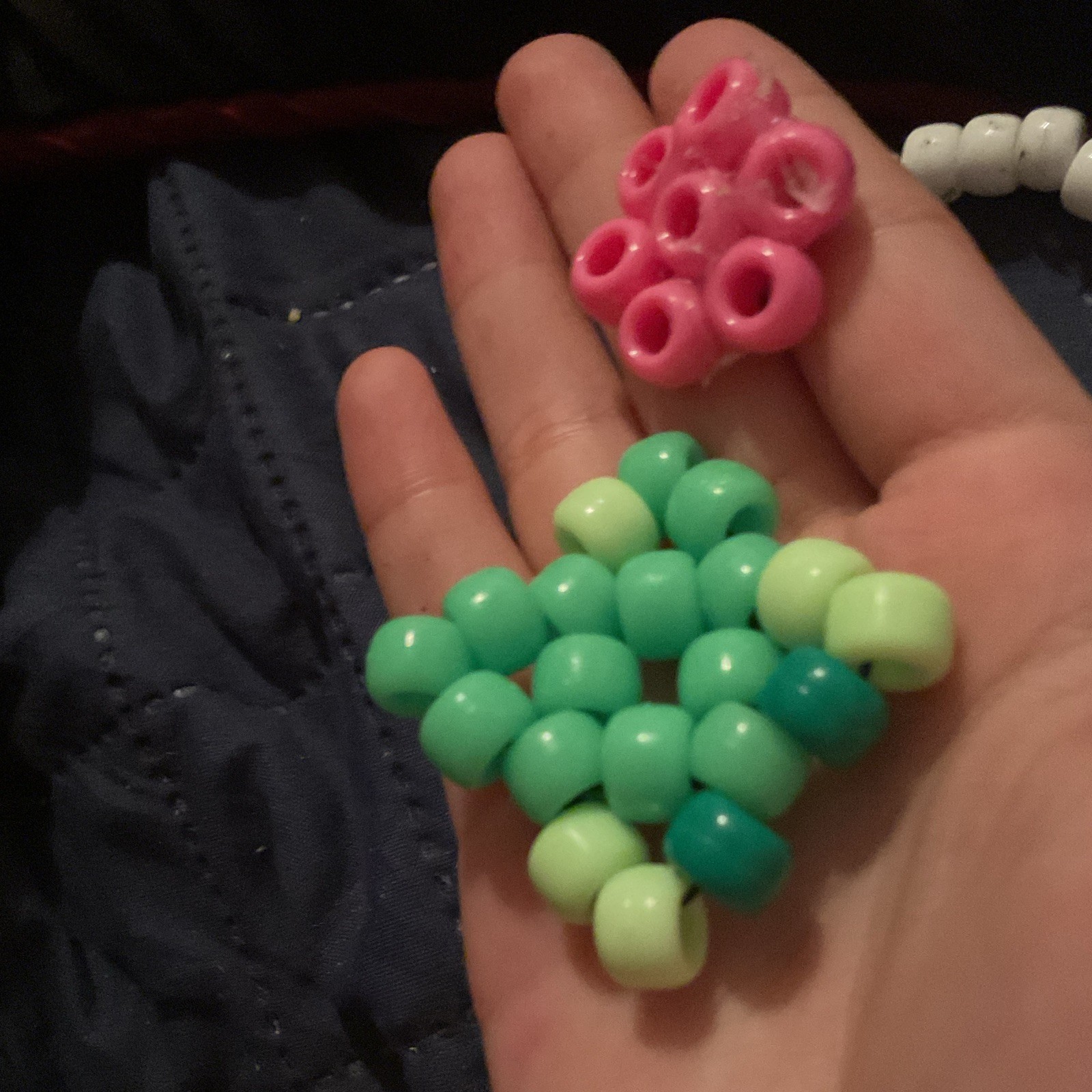 White Plastic Beaded Stretch Slip-On Bracelet w/ Green & Pink Beads Unisex