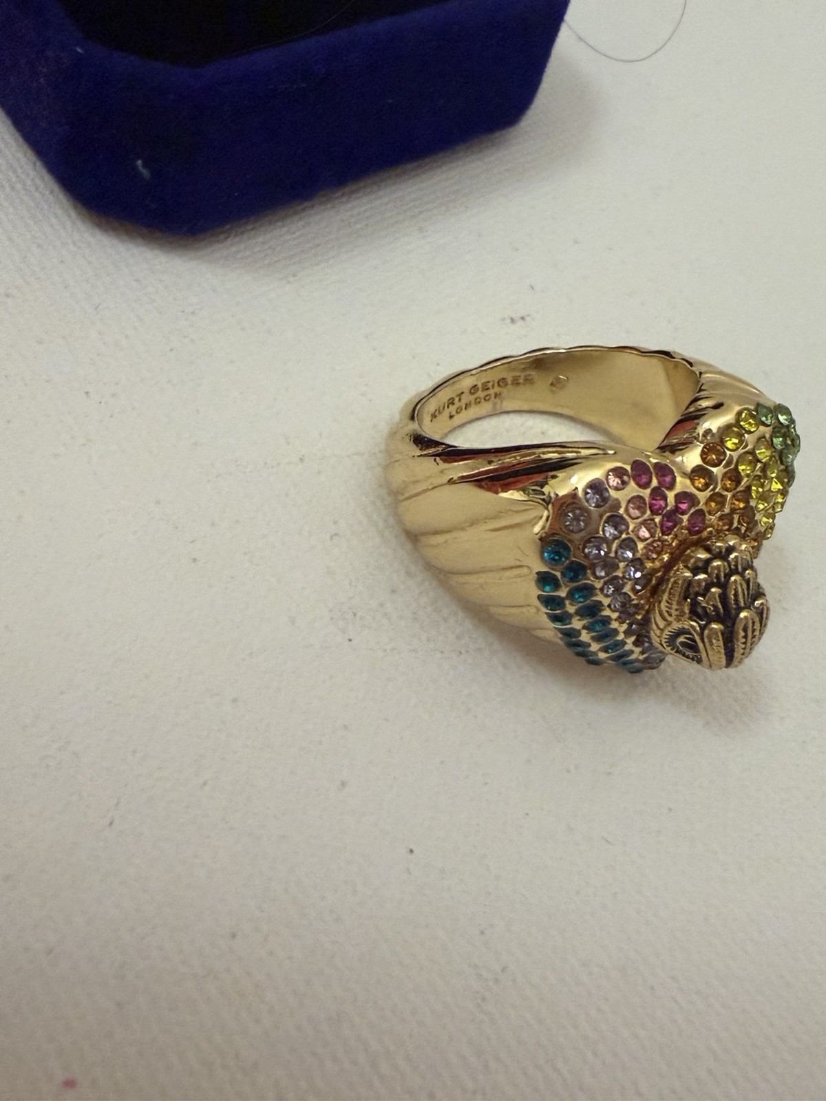 Kurt Geiger London Rainbow Pavé Signature Gold Tone Ring Size 9